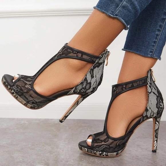 Shoes - Platform Peep Toe Cutout High Heels Lace Ankle T-Strap Dress Pumps 11